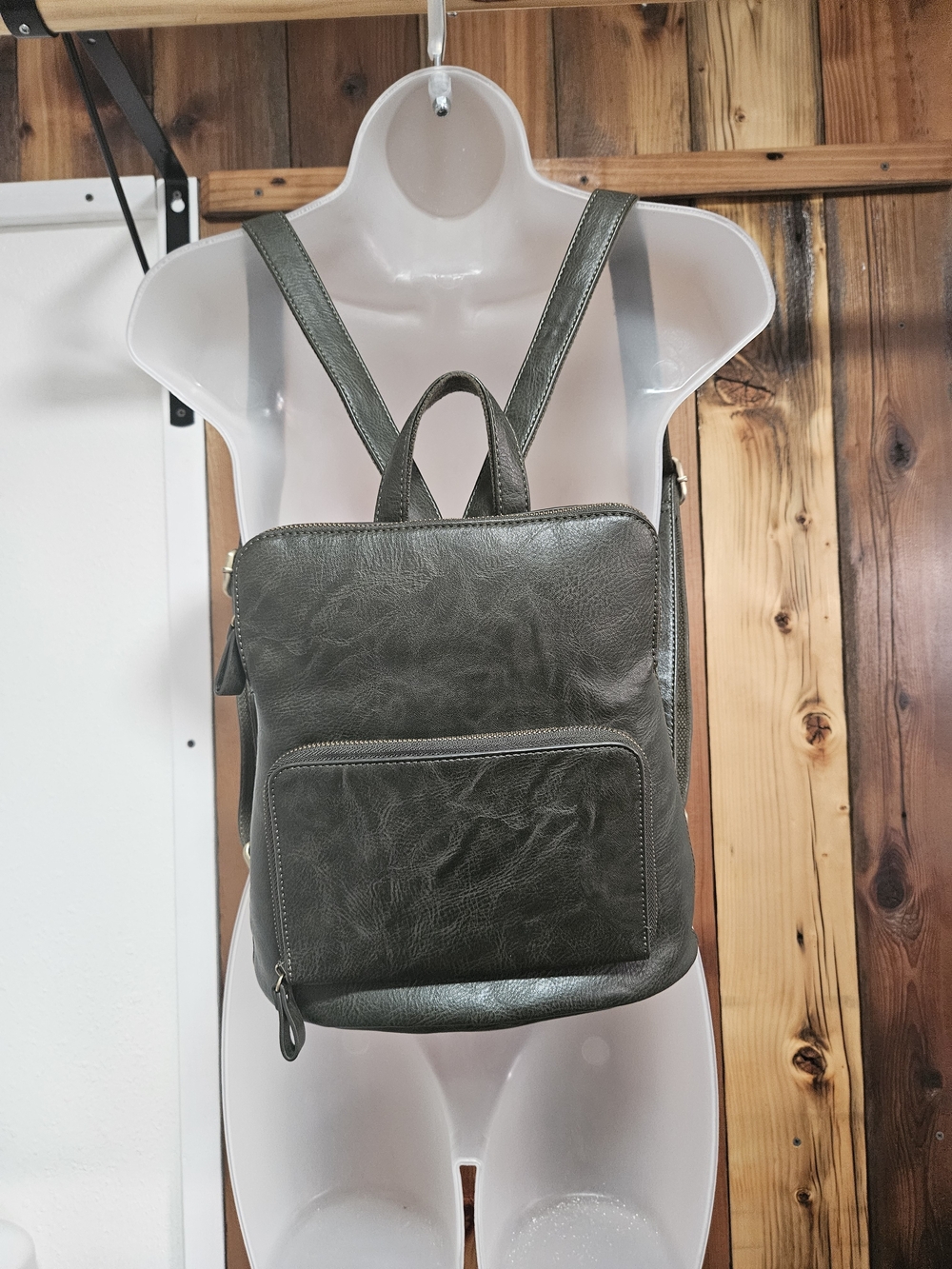 Joy Susan Olive Green Leatherette Backpack with Front Zip Pocket